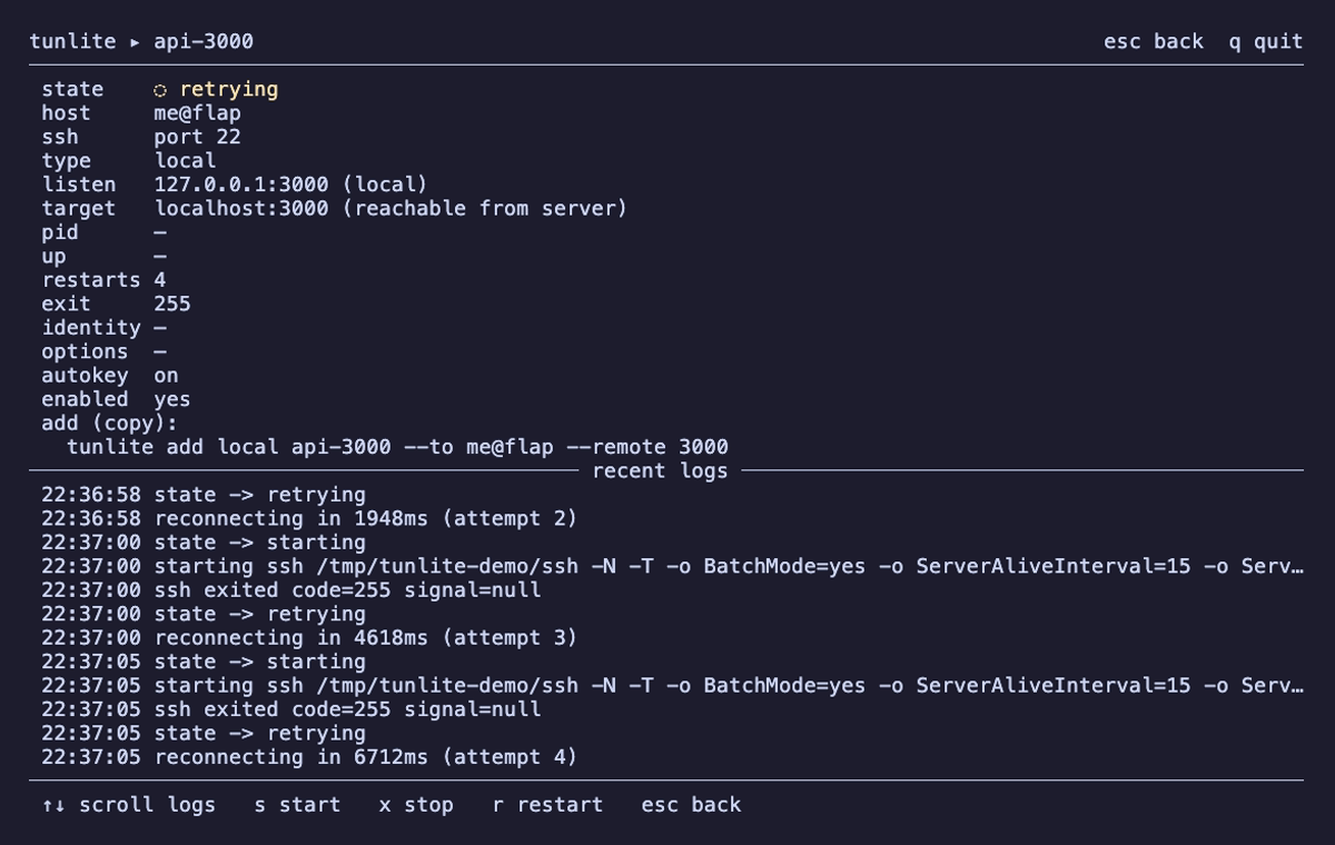per-tunnel detail — settings and live reconnect logs