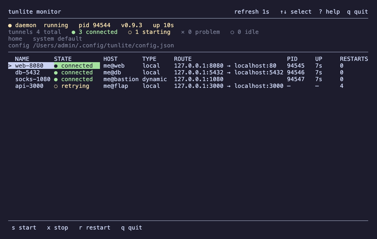 monitor dashboard — every tunnel's state at a glance